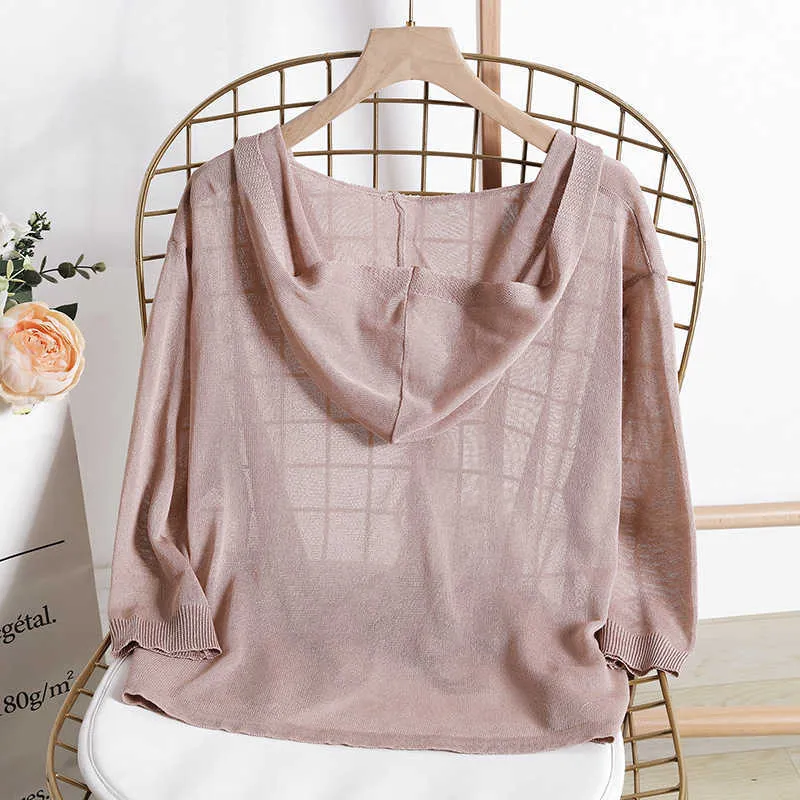 Hooded Thin Sweater Cardigan Women Silk Linen Spring Summer Lace Up V-neck Short Design Loose Cape Cardigans Outerwear Female 211007