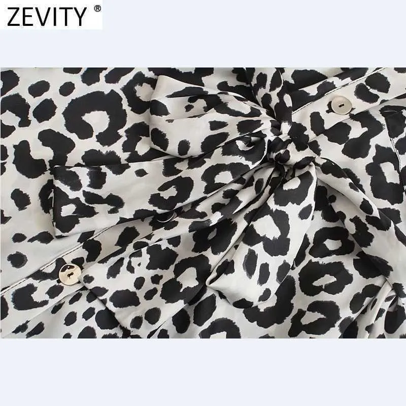 Zevity 여성 빈티지 레오파드 프린트 더블 포켓 캐주얼 슬림 셔츠 드레스 여성 세련 된 가슴살 묶여진 vestidos ds8137 210603
