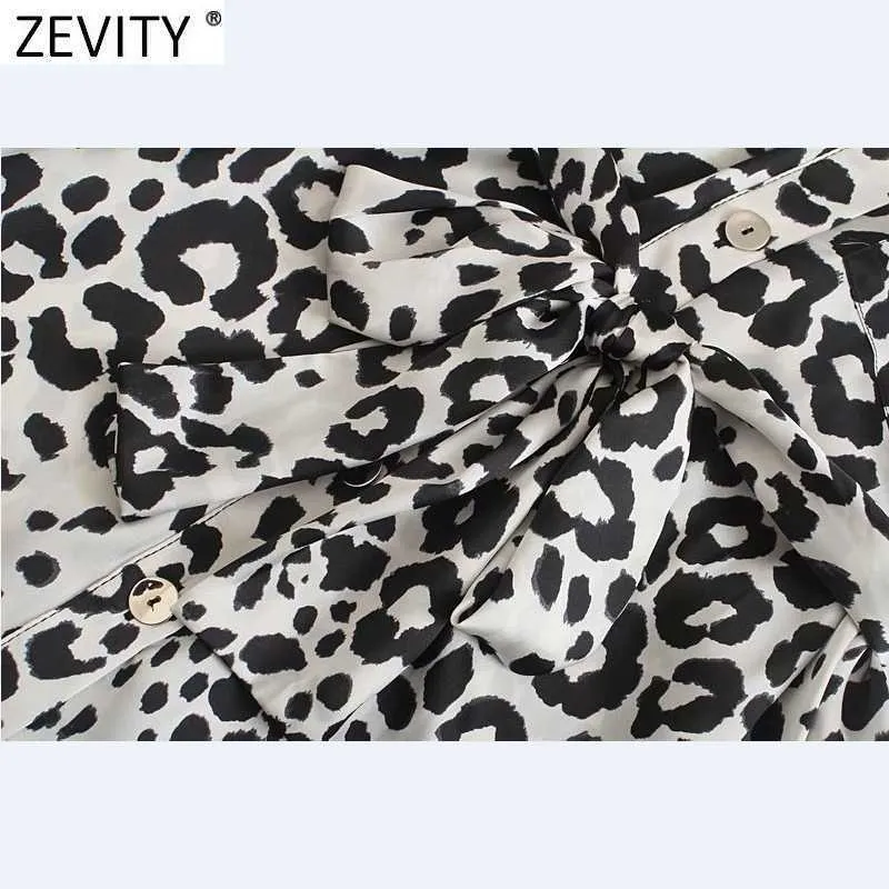 Zevity Women Vintage Leopard Print Double Pockets Casual Slim Shirt Dress Female Chic Breasted Bow Tied Sashes Vestidos DS8137 210603