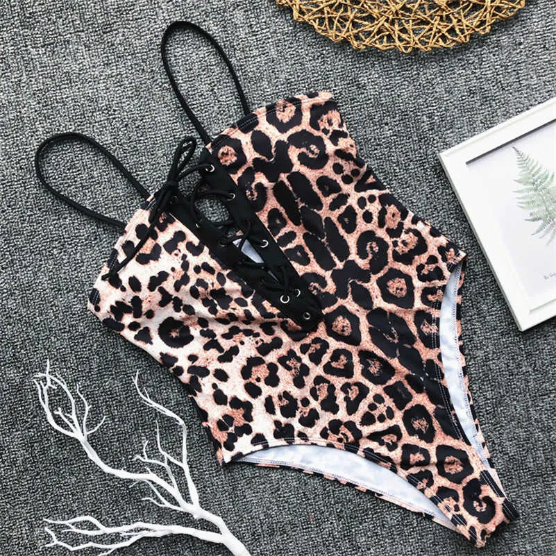 Kadın Mayo Mayo Seksi Push Up Bikini Yüzme Suit V Boyun Mayo Leopar Bandaj Bodysuit kadın Moda 210722