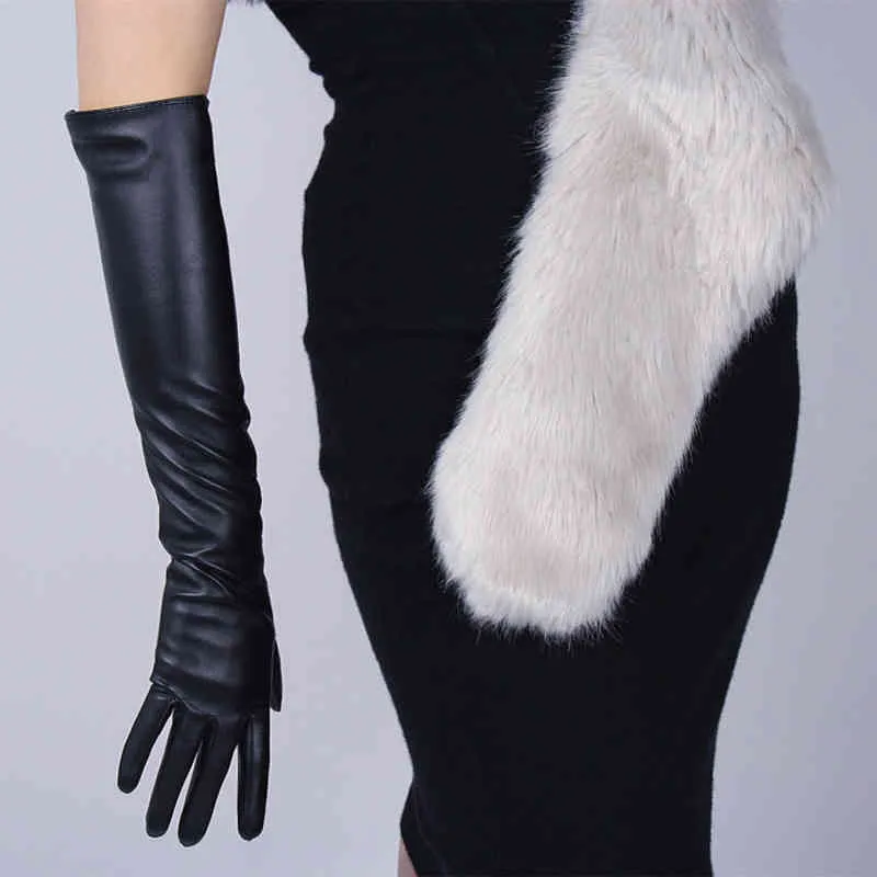 Sexy Leopard Touch Screen Gloves Winter Women PU Black 50cm Long Simulation Leather Thin Full Finger Warm Driving Mittens K52