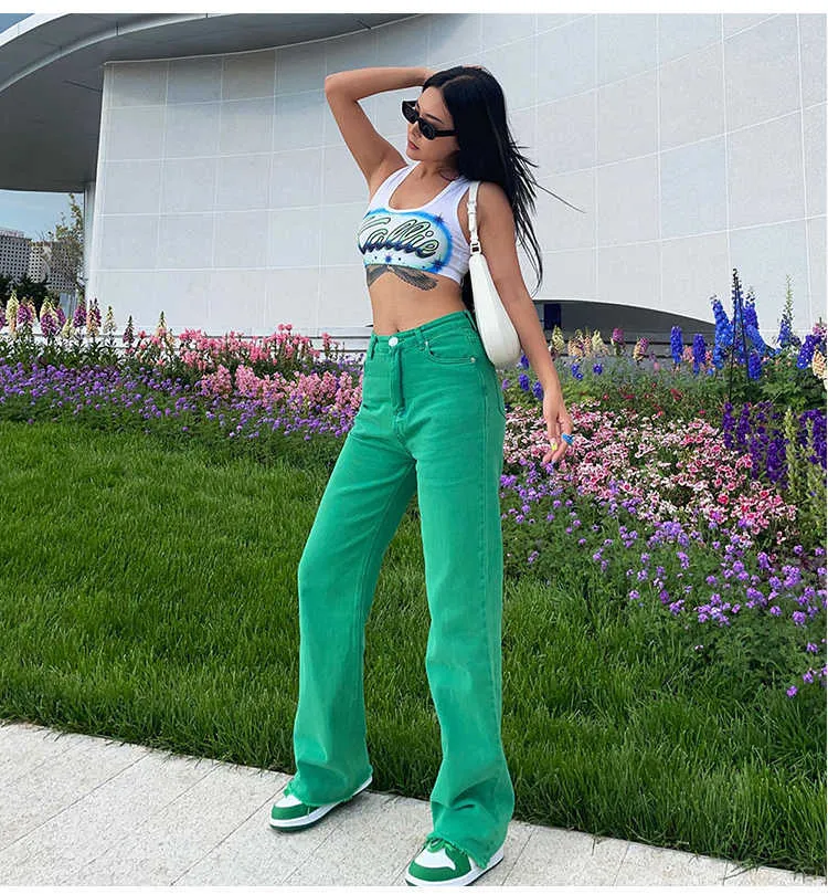 Jeans de couleur unie fille streetwear vêtements de mode vert slim pantalon droit hip-hop maman 210922