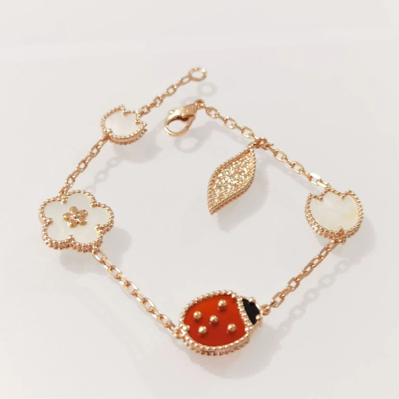 2021 Europe Luxury Top Quality Famous Brand 925 Silver Jewelry Rose Gold Color Natural Gemstone Lucky Ladybug Spring Bracelets