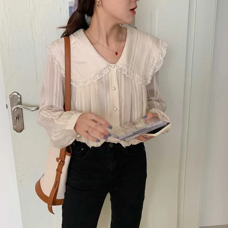 Frauen Chic Frühling Shirts Spitze Sanfte Lose Lange Ärmel Süße Peter Pan Kragen Eleganz Bluse Weibliche Tops 210525