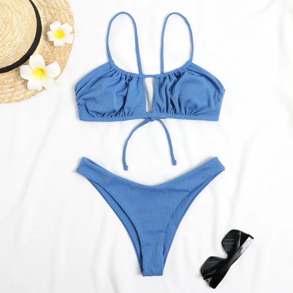 Sexy Blue Pink Rib Swimwear Women Bathing Suit Bandeau Bikinis Mujer Micro Swimsuit Female Push Up Two-piece Summer 210520