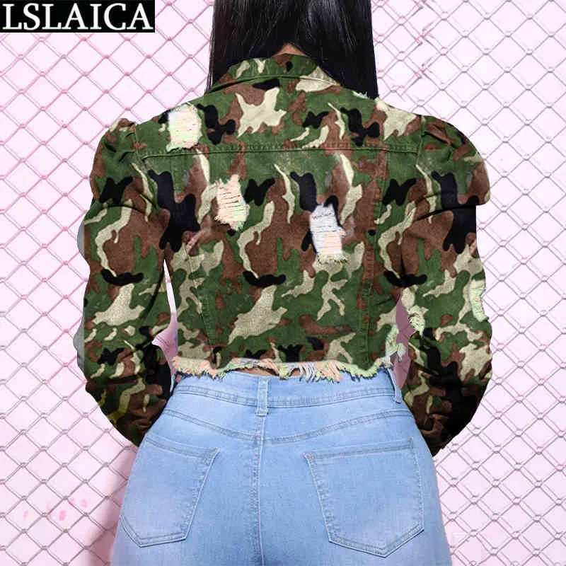 Denim jacka kvinnor mode långärmad nedbrytning krage dam korta rockar höst plus storlek casual camouflage gröda toppar streetwear 210515