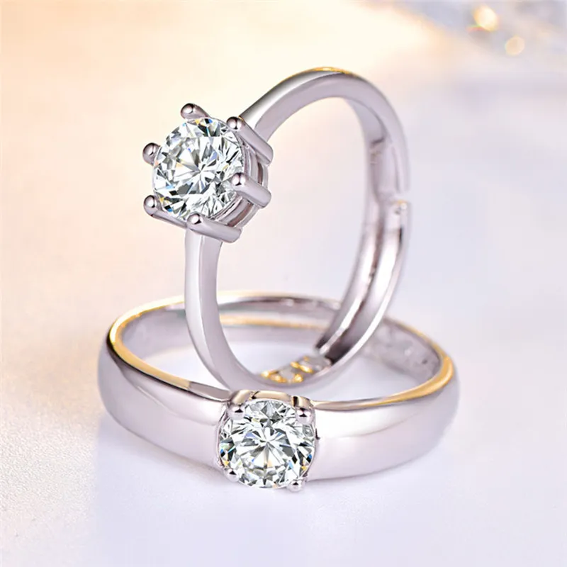 925 Sterling Silver Couple Ring Six-Jaw Zircon Fashion Opening Adjustable Ring Women Engagement Wedding Jewelry 210507174E