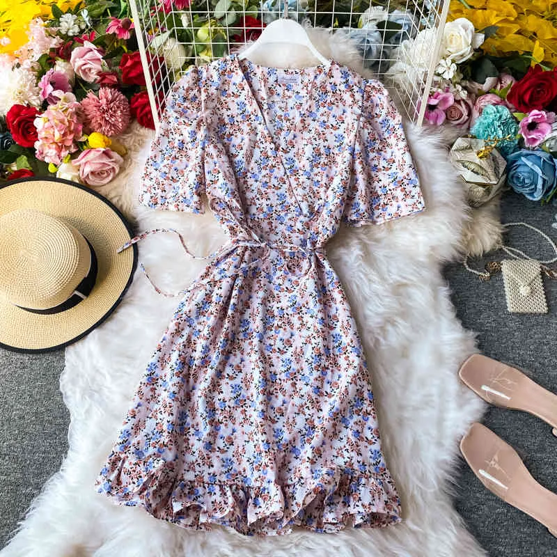 Robe florale élégante col en V a-ligne Mori filles robe d'été douce taille haute volants robes de vacances femmes 16728 210415