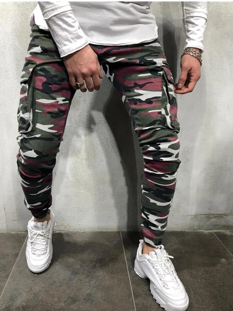 Mens jeans bolso estilo militar solto camuflagem calça de carga para homens transgênico de jean masculino calças de lápis casual