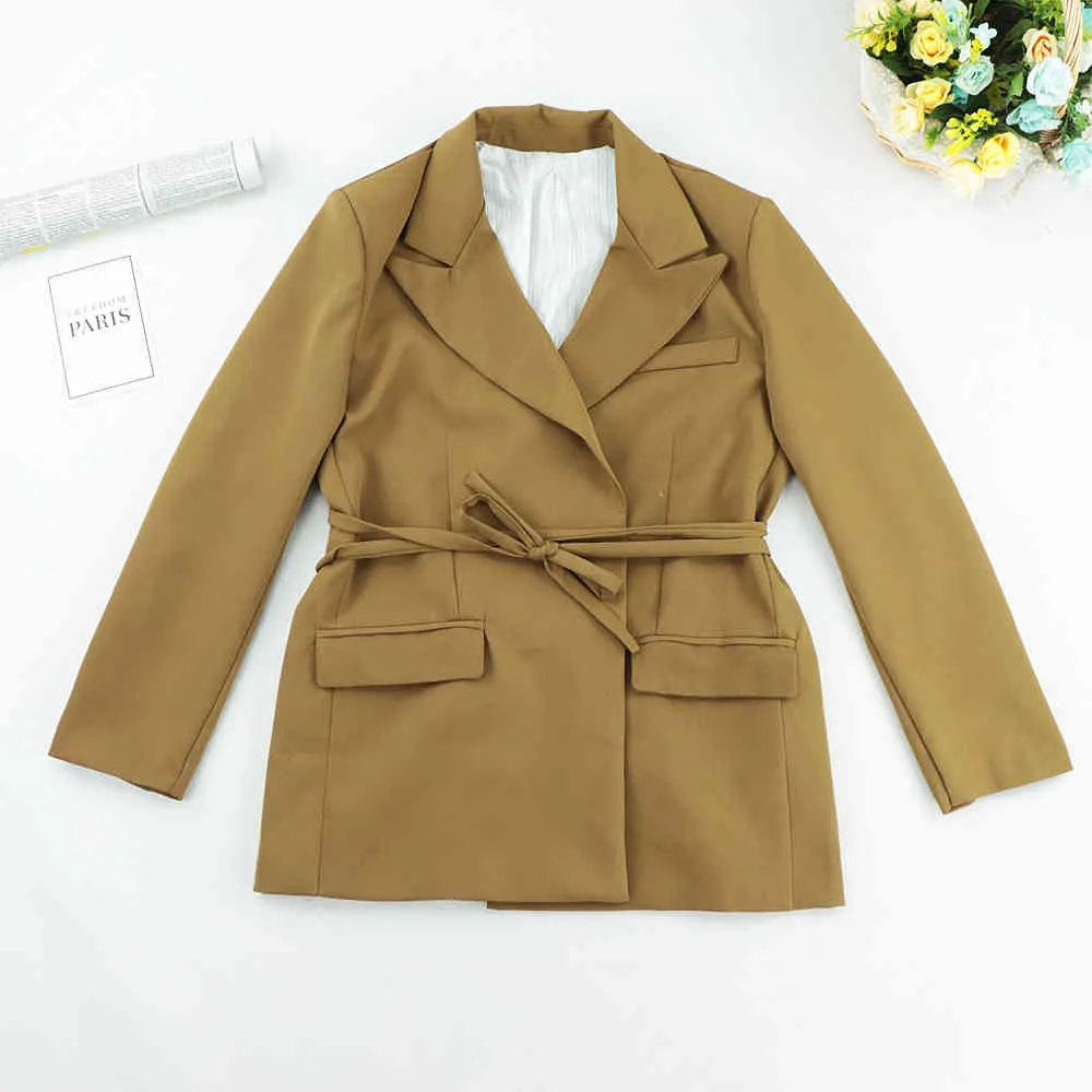 Kvinnor Solid Notched Collar Blazer Dam Långärmad Cardigan Lace Up Chic Passar Kausal Stylish Outwear Coat Tops 210510