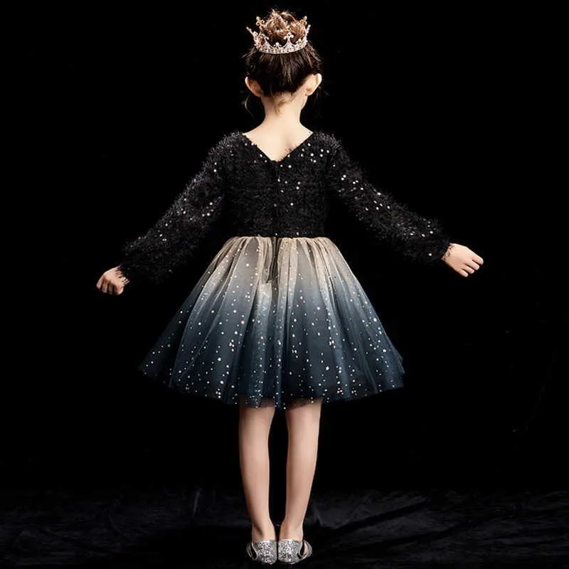 Partihandel Girl Party Dress Kids Princess es för Girls Full Sleeve Sequin Black Champagne Utför Kläder E92458 210610