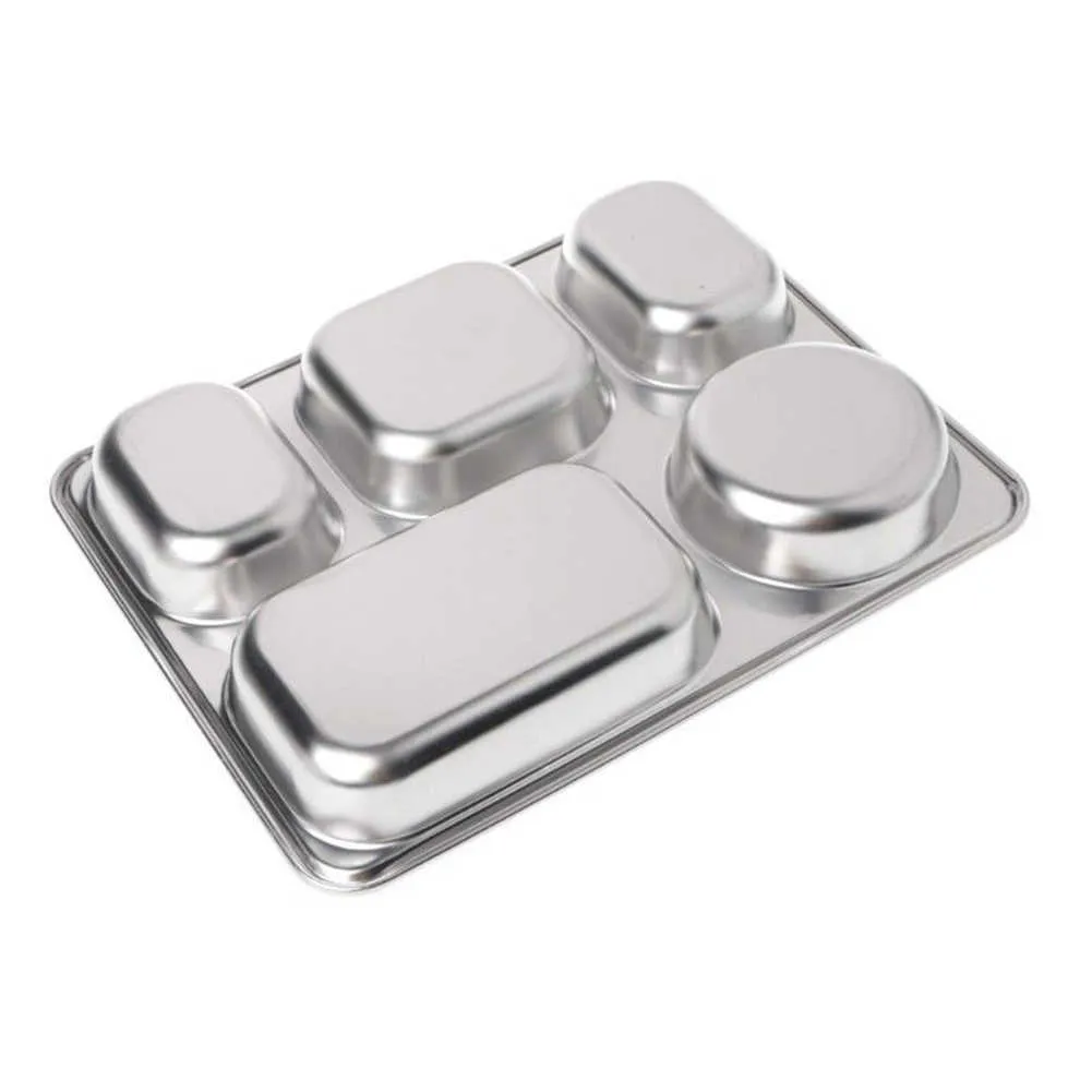 Plateau de récipients alimentaires en acier inoxydable avec compartiments Sliver Bento Lunch Boxs Couvercle pour la vaisselle de restaurant de cantine 210709