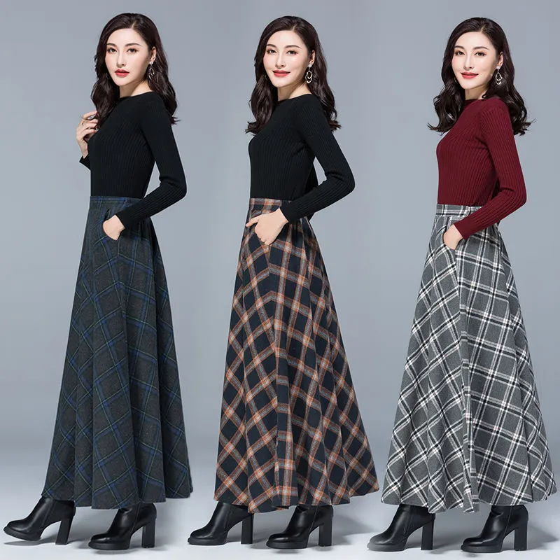 Plus Größe Hohe Taille Woolen Plaid Röcke Winter Warme Frauen Wolle Maxi Büro Damen Mode Lässig Lange Streetwear 210421