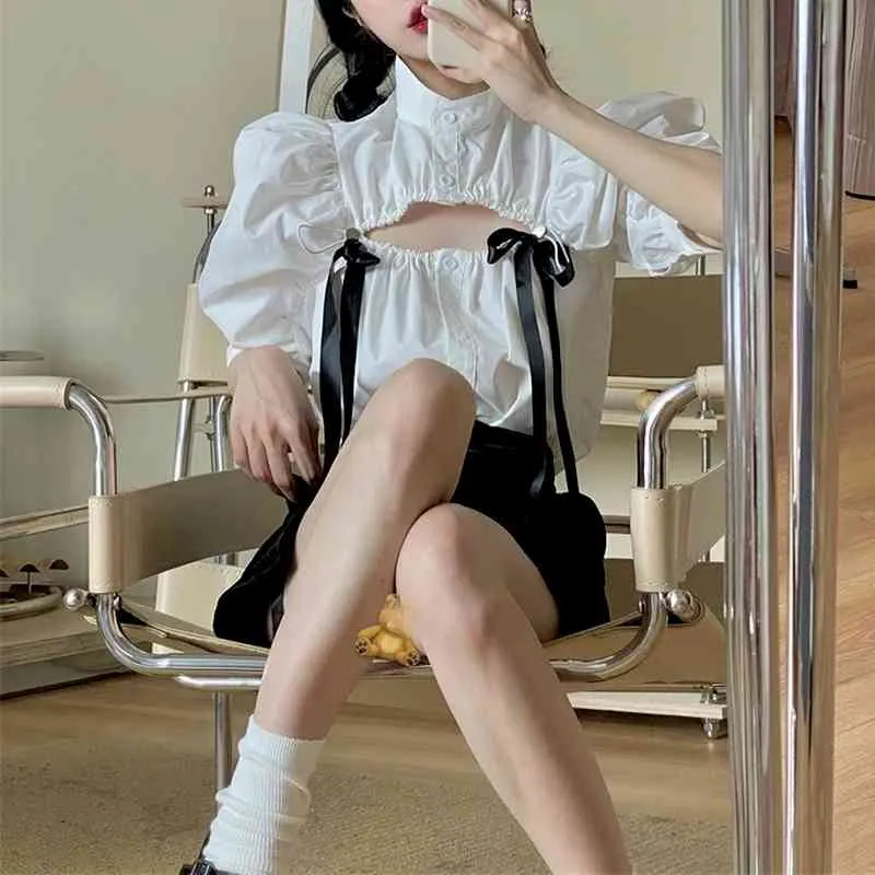 Ezgaga Camicetta da donna sexy Moda coreana Manica a sbuffo Scava fuori Solid Bowknot Chic Summer All-Match Camicie femminili Casual 210430