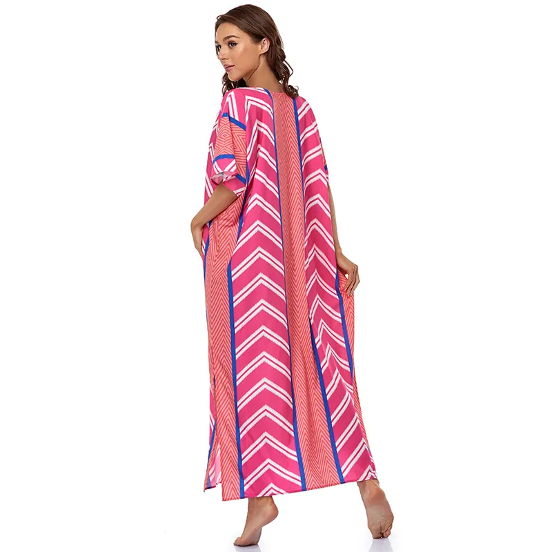 Abito da ragazza dritto con scollo a V sexy a righe Abiti da donna maxi rosa Abiti da spiaggia Taglie forti Coprispalle feste estive da donna Q1247 210420