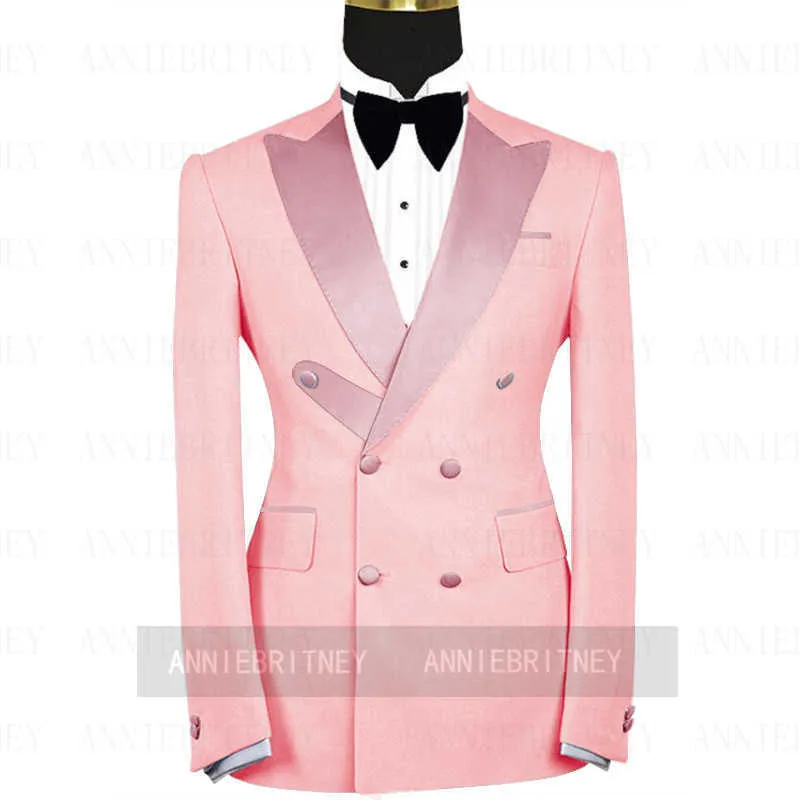 Newest Fashion Grey Mens Wedding Suit Set Formal Prom Dinner Male Tuxedo Pink Lapel Blazer Double Breasted Jacket Pants X0909