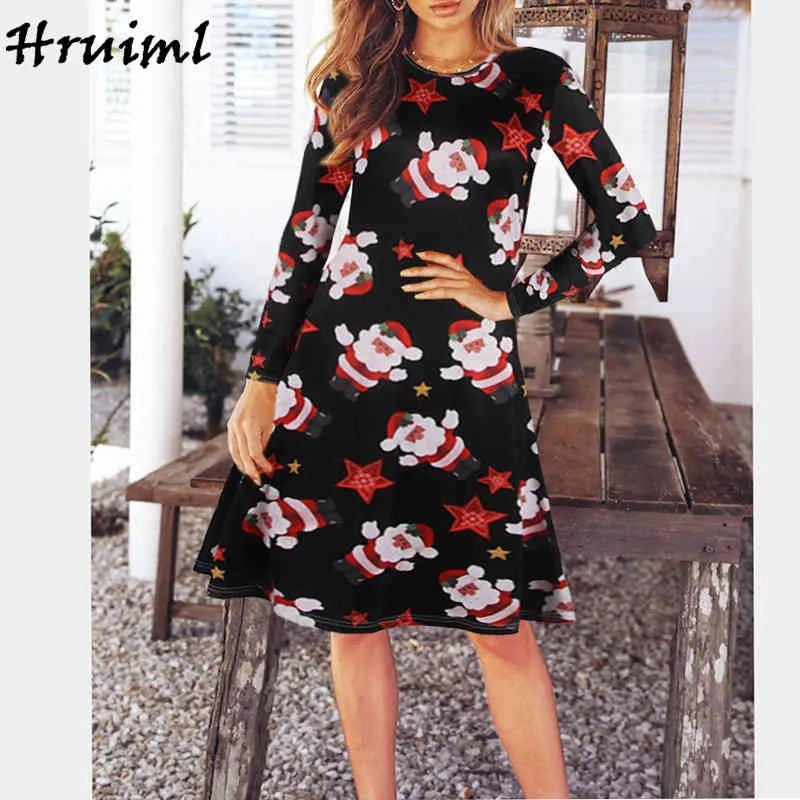 Abito donna manica lunga stampa natalizia moda girocollo donna midi casual autunno festa taglie forti roupas 210513