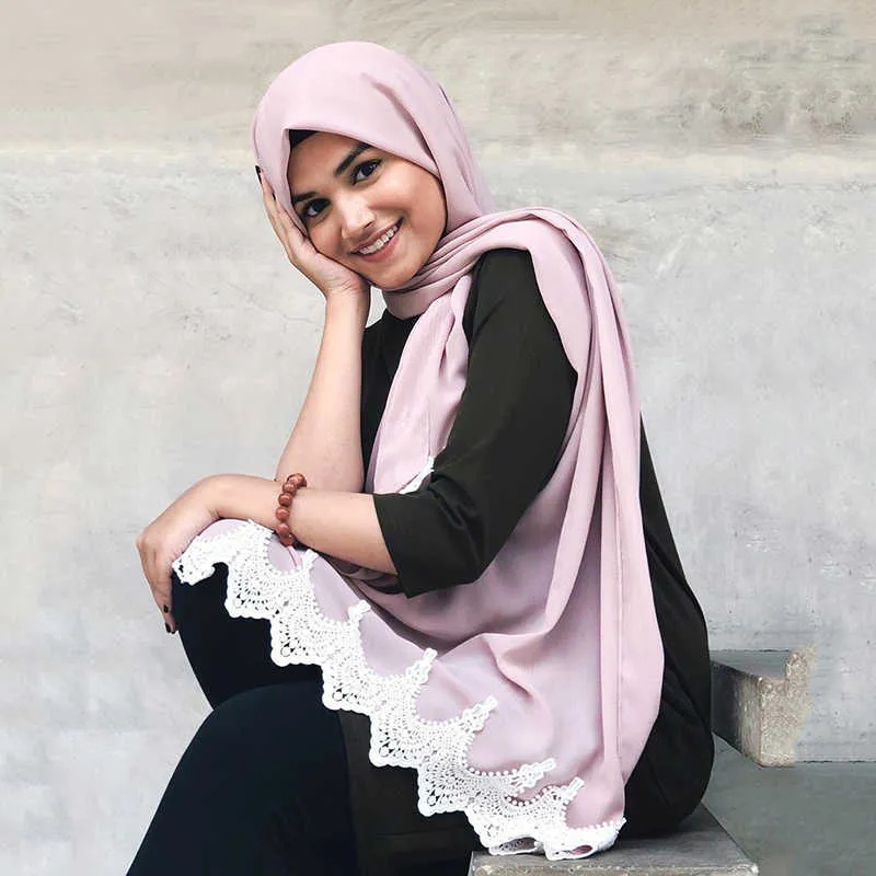 흰색 수 놓은 레이스 솔 라이스 컬러 숄 헤드 밴드 무슬림 hijabs 스카프 / 스카프 Q0828와 함께 트렌디 한 일반 거품 무거운 쉬폰 랩