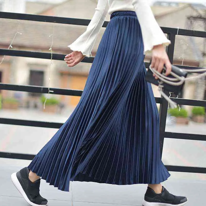 Koreańskie kobiety Moda Plised Satin Long Spódnica Kobieta Chic Streetwear Elastyczna Wysoka Talia Czerwone Spódnice Saia Jesień Zima SK245 211214