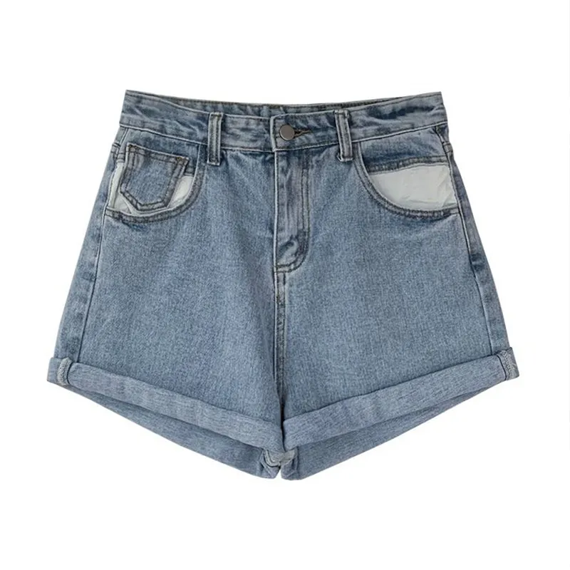 Été Femmes Vintage Large Jambe Haute Taille Bleu Denim Shorts Casual Femelle Lâche Solide Couleur Noir Jeans 210430