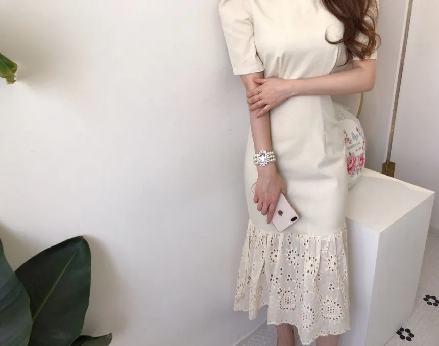 Women's Korean Retro Chic Ruffled Mermaid Hem High Waist Slim Puff Sleeve Bodycon Office Lady Dress Fashion 210518