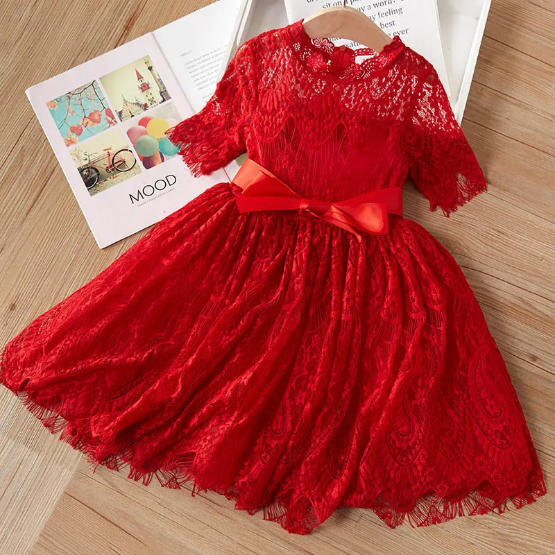 Girls Dresses Embroidery Princess Clothing for Kid Girl 3-7 Years Flower Lace Mesh Dress Silk Bow-knot Cute Children 210429