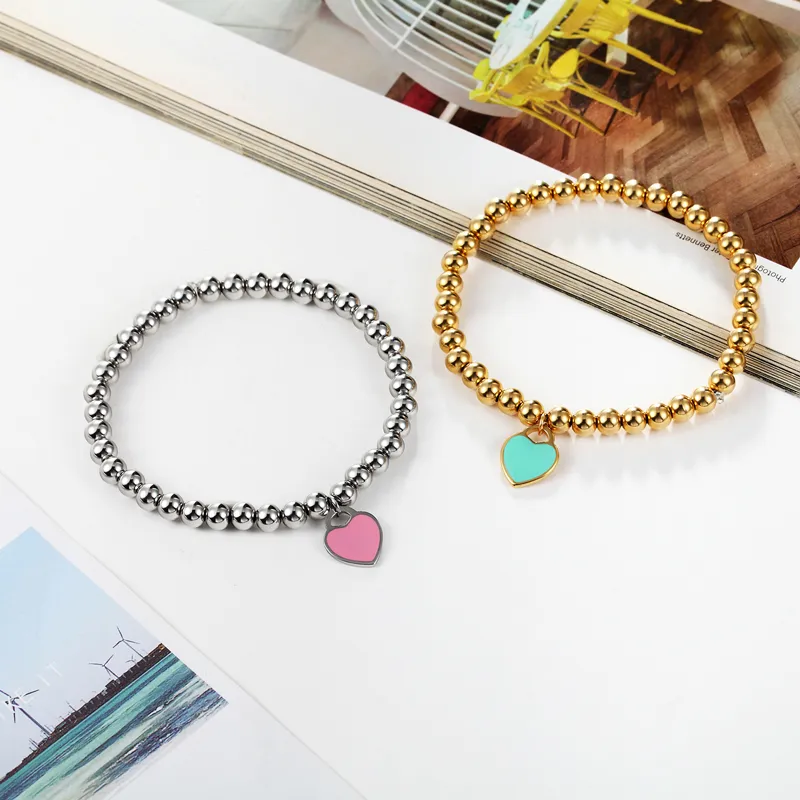 Classique design bleu clair et rose émail cardiaque bracelet de perle bracelet de perle de haute qualité en acier titane bijoux amour bracelet femme