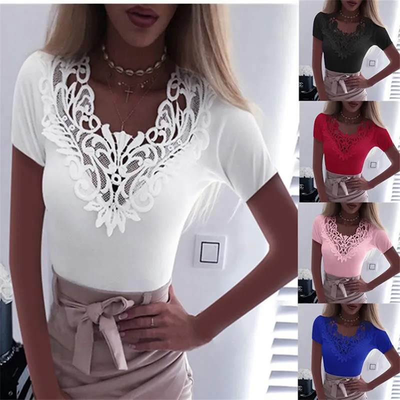 Conception été 5xl grande taille femmes Patchwork dentelle hauts Sexy mince travail chemises noires décontracté à manches courtes blanc Blouse mode dame