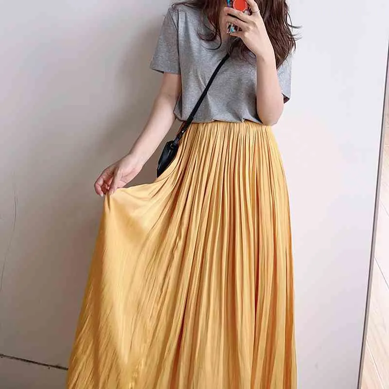 Temperament Pleated Skirt Comfortable Elastic Waist Age-reducing Long Faldas Largas Mujer Spring Summer All Match Female Jupe 210514