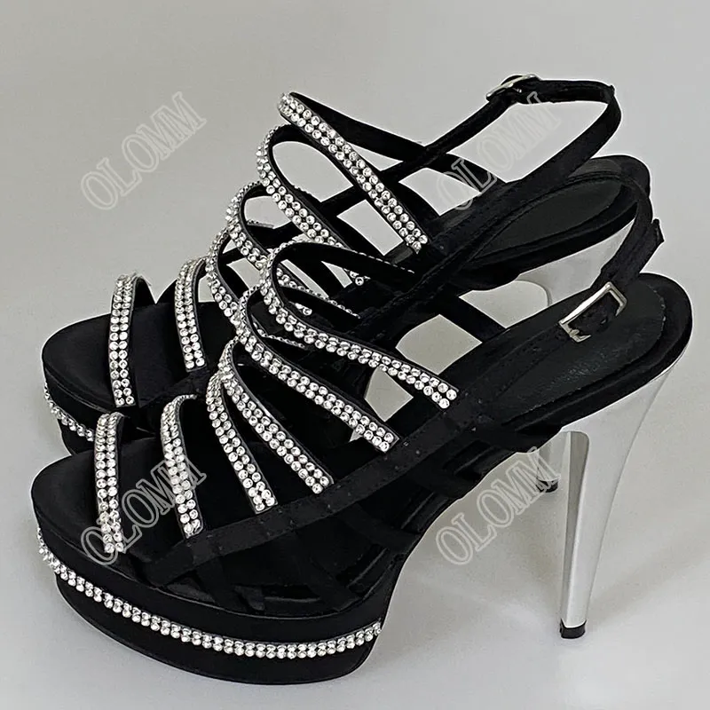 Olomm Women Platform Sandaler Sexig Shiny Rhinestone Stiletto klackar Öppna Toe Black Night Club Shoes Women Us Plus Size 5-15