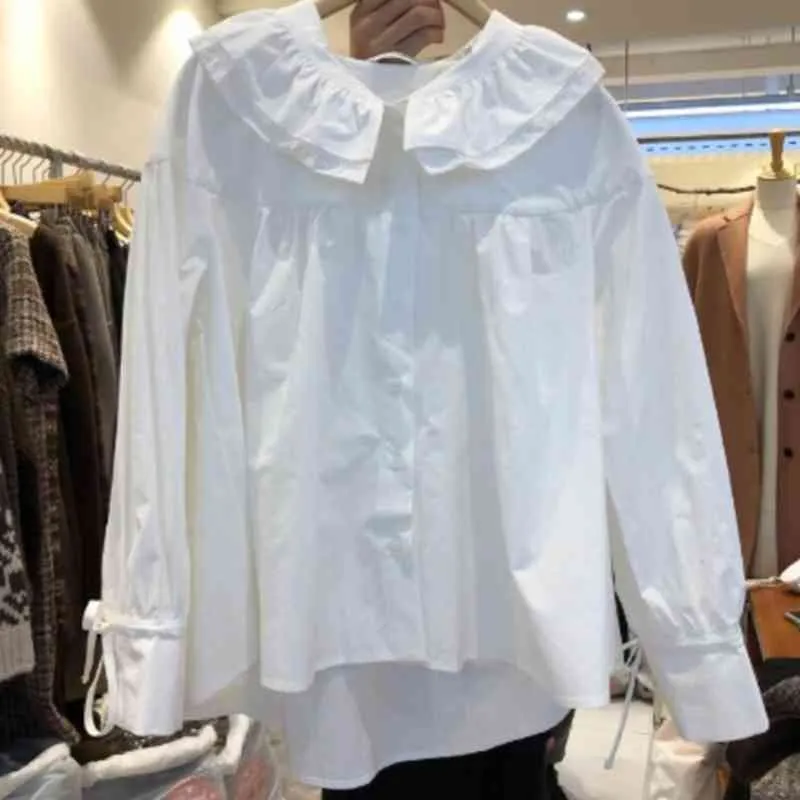 Spring Autumn Women's Blouse Korean Style Solid Color Doll Collar Long Sleeve Top Loose Casual All-match Female Tops LL259 210506