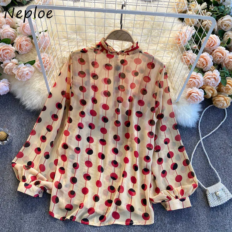 Neploe O Neck Lace Up Bow Design Elegant Blouse Women Pleat Wooden Ear Patch Long Sleeve Chiffon Shirt Spring Loose 210719