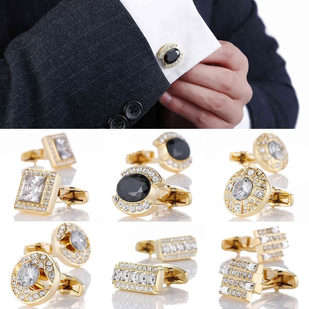 Luxury Gold Mens Manschettknappar med kristallbröllop Fransk tröja Cuff Links Sleeve Knappar Mäns Smycken Tillbehör Design Manschetter