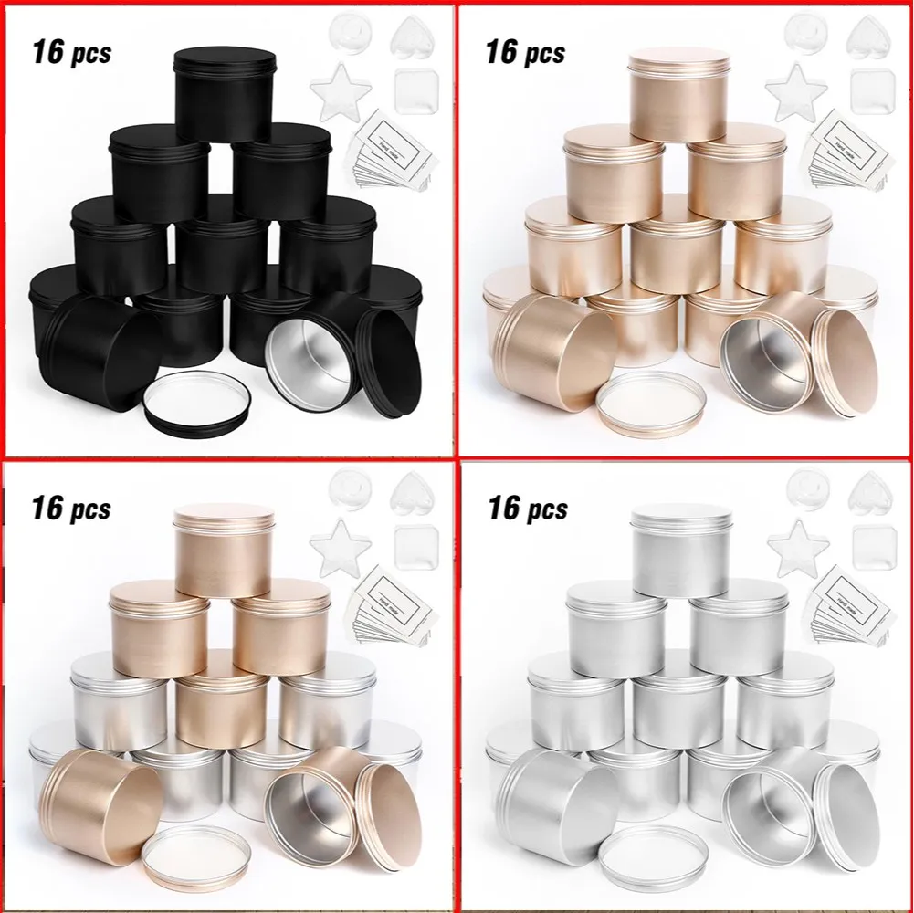 Caixa de lata redonda de metal, vela preta, alumínio, armazenamento, pote vazio, parafuso liso, latas, creme, recipiente cosmético, dourado, prata 277g