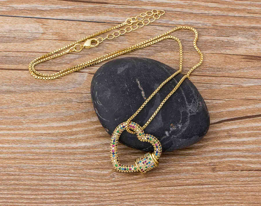 Classic Rainbow CZ Micro Carabiner Pave Lock Heart Shaped Copper Zirconia Clasp Necklace Jewelry Gift For Women Men2271