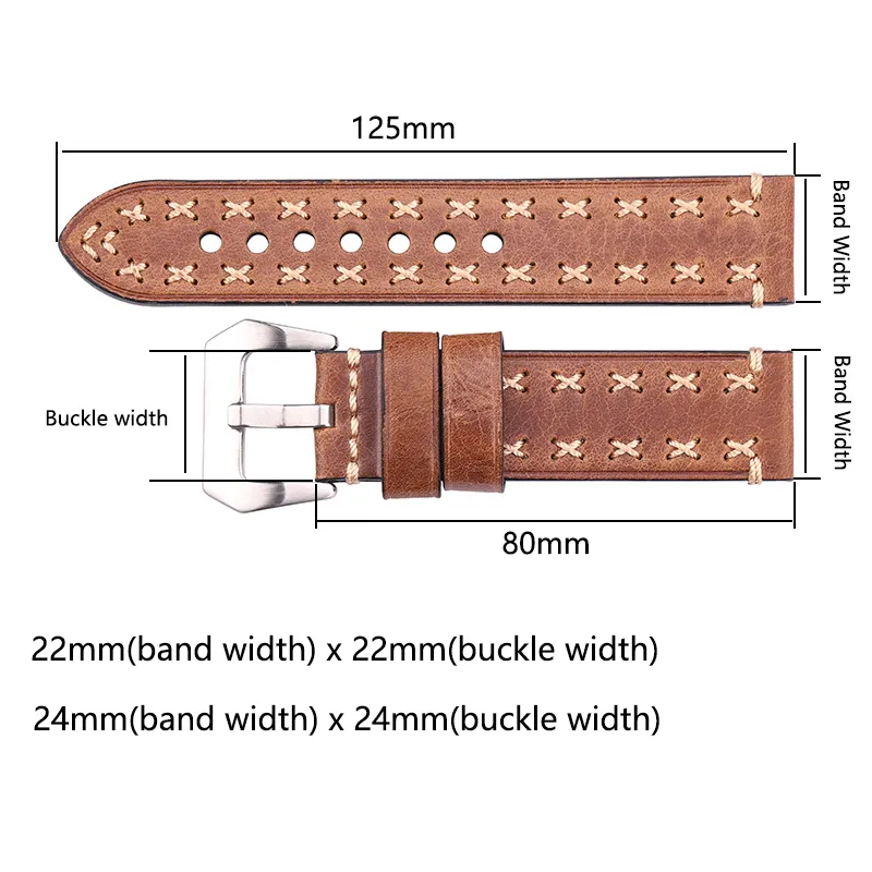 22mm 24mm bandes hommes dame 4 couleurs bande en cuir véritable épais bracelet de montre ceinture en acier inoxydable boucle accessoires