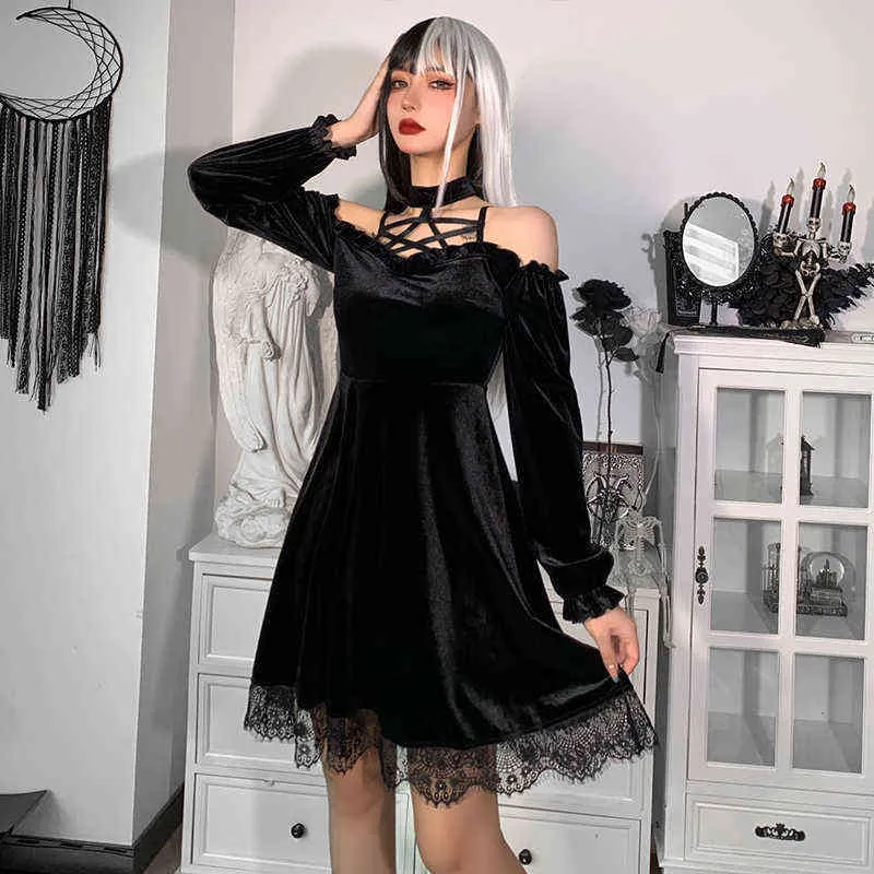 Insgot Gothic Black Sexy Pentagram Sukienka Halter Estetyczna Punk Wysokiej Talii Off Bandaż Mini Sukienki Damska Dress G1214