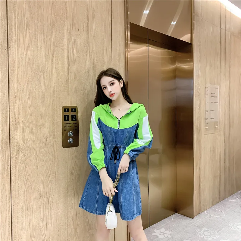 Kadın İlkbahar Sonbahar Elbise Kore Kapüşonlu Dikiş Rahat Spor Denim Vahşi Uzun kollu İpli ES GX668 210507
