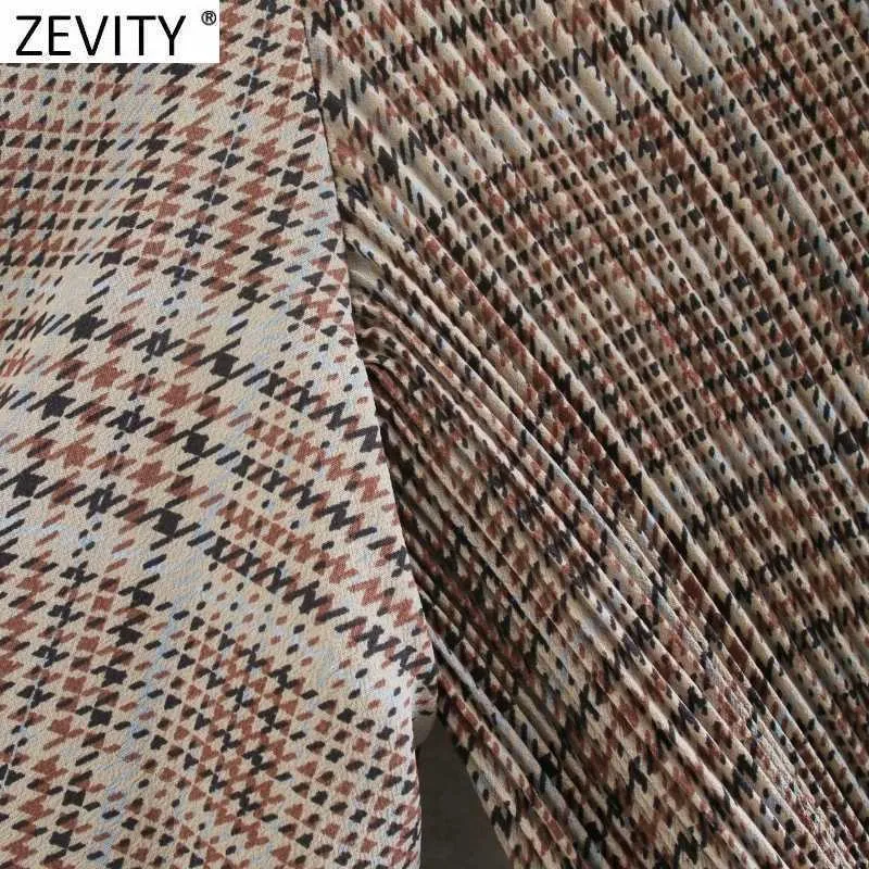 Zevity Donna Vintage Cravatta con fiocco Colletto alla coreana Stampa scozzese Kimono a pieghe Camicie Camicetta retrò da donna Roupas Chic Femininas Top LS7395 210603