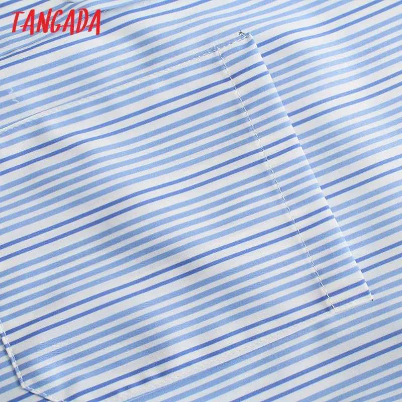 Tangada Mode Femmes Bleu Rayé Imprimer Chemise Robe À Manches Longues Dames Surdimensionné Robe Midi 5Z97 210609