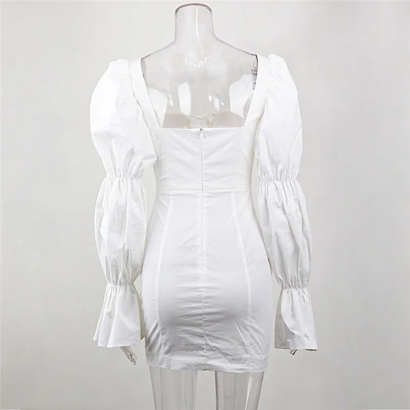 ISAROSE Women White Blouse Dress Long Puff Sleeve Vintage Cotton Bodycon Hollow Chest Sexy Square Collar Girls Club Mini Dresses 210422