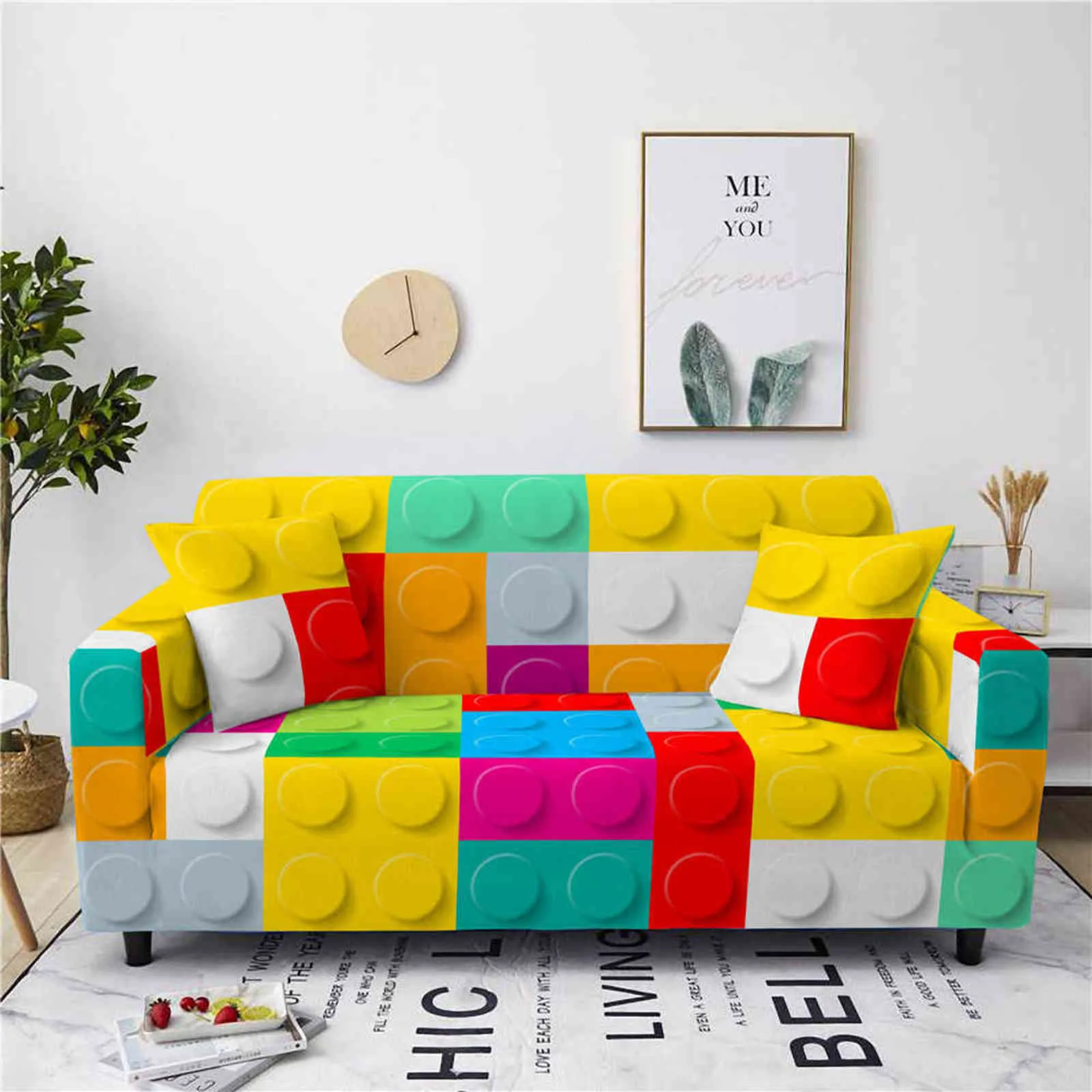 Colorido estrutura quadrada sofá capa para sala de estar decoração 1/2/3/4 Sofá elástica de lâmpada L secional slipcover 211116