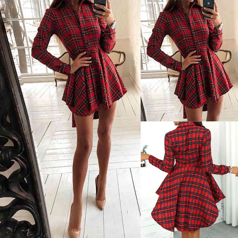 Kayotuas Vrouwen Jurk Herfst Winter Plaid Rood Vintage Party Casual Mini Dames Geplooid Lange Mouw Kleding Sundress 210522