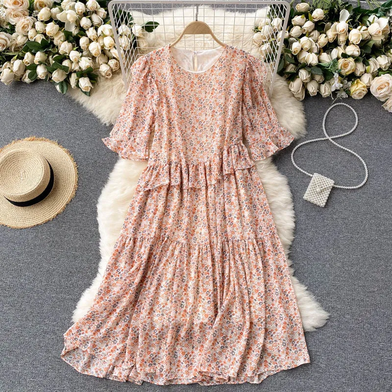 SINGREINY coreano gasa vestido floral mujer dulce manga acampanada volantes A-line vestidos verano Boho estampado Casual playa Midi vestido 210419