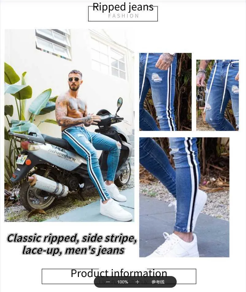 Män Skinny Ripped Jeans Biker Destroyed Frayed Denim Side Stripe Pencil Pants Hip Hop Streetwear Jeans S-4XL X0621
