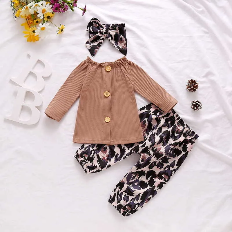 Spring Baby Girls Sets Stripe Långärmad Top + Leopardbyxor Headdress Outfits E10850 210610