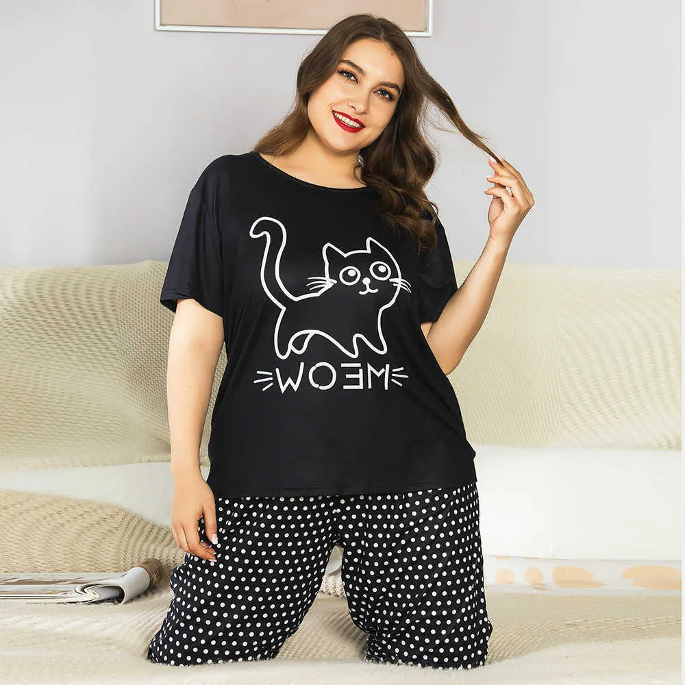 Plus Size Women's Pyjamas sätter damer sommarhus kostymer med kortärmad 2 stycken Sleepwear Women Bomull Homerwear Outfits 210809