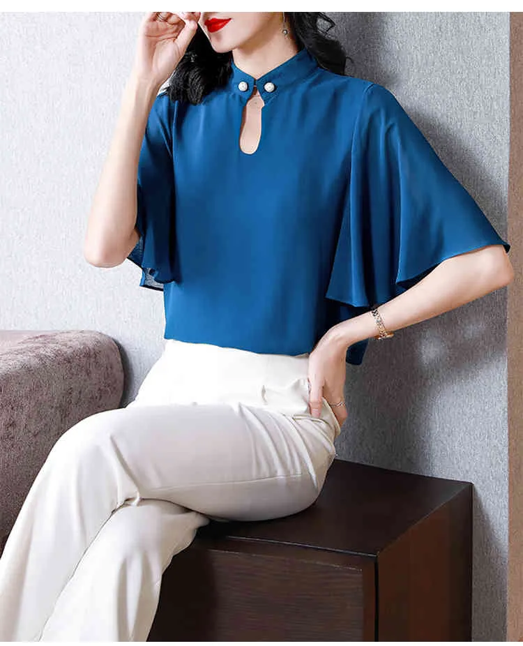 M-3XL мода женская шифоновая рубашка летний западный стиль половина рукава верхний высококачественный рыхлый короткий дикий 210520