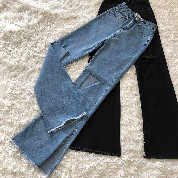 Korea Fashion Women Bootleg Denim Jeans Sexy Hole Ankle Slim Stretch Female Ladies Leisure Flare Split broek Mujer 210608