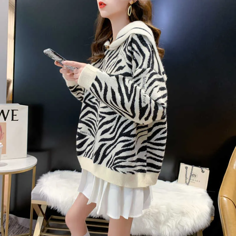 H.SA Women Sweaters Big Collar Neck Letters Casual Oversized Sweater en Pullovers Leopard Korean Chic Tops Dameskleding 210716